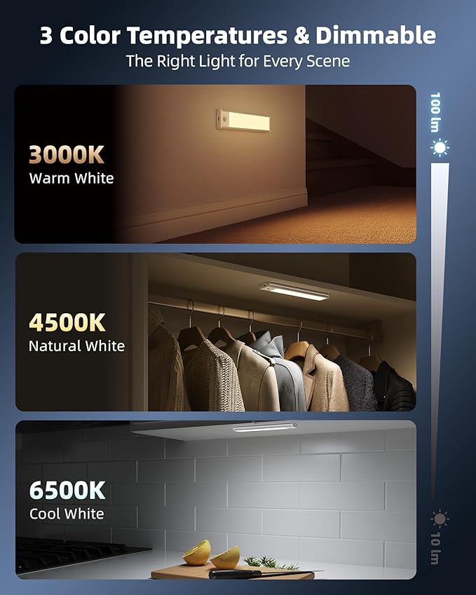 6-Pack Under Cabinet Lighting, 34 LED Rechargeable Battery Motion Sensor Light Indoor, Dimmable & 3 Color Temps, Stick-On Magnetic Closet Lights, Wireless Under Counter Lights for Kitchen (8inch)