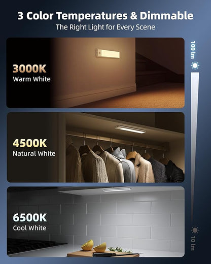 6-Pack Under Cabinet Lighting, 34 LED Rechargeable Battery Motion Sensor Light Indoor, Dimmable & 3 Color Temps, Stick-On Magnetic Closet Lights, Wireless Under Counter Lights for Kitchen (8inch)