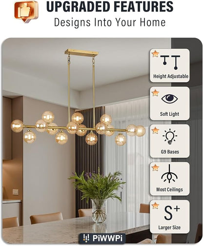 55" Long Brass Gold Chandeliers for Dining Room Kitchen Island, Large Globe Sputnik Linear Chandelier, 16 Lights Mid Century Modern Light Fixture Over Table, Amber Bubble, GC-08