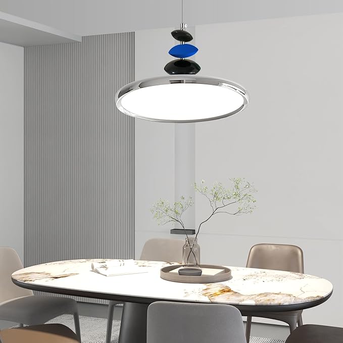 Mikeru Modern Pendant Lights, 15.8" Chrome Pendant Lighting Fixture with Remote Control Dimmable 3 Color Mode & Brightness Mid Century Island Light for Dining Room, Kitchen, Living Room