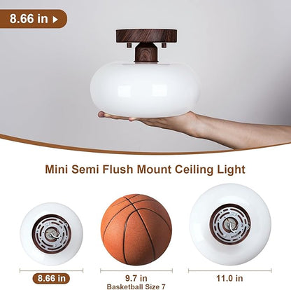 WOKNOS Mid-Century Modern Semi Flush Mount Ceiling Light, Faux Walnut Wood Kitchen Light Fixtures with Glass Shade, Mini White Close to Ceiling Lamp for Entryway Hallway Bathroom (8.66 Inch)