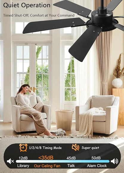 JSAITEE 52 Inch Low Profile Ceiling Fan with Lights, Remote & APP Control, 3CCT Dimmable, 6 Blades 6 Speed Ceiling Fans, Quiet Reversible DC Motor, Modern Black Ceiling Fan for Bedroom Living Room