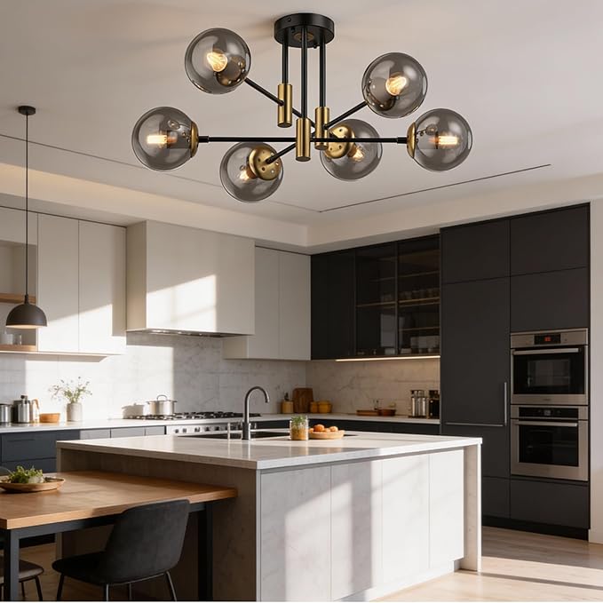 6-Light Sputnik Chandelier Modern Matte Black and Gold Ceiling Light, Glass Globe Hanging Light Fixture for Dining Room, Kitchen Island, Bedroom, Living Room