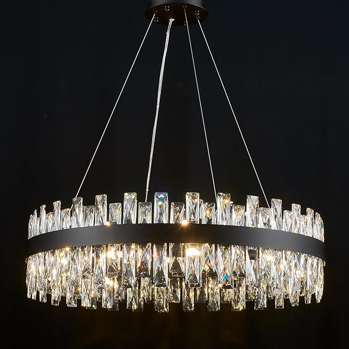 Modern Black Crystal Chandelier Lights, Round K9 Crystal Raindrop Chandelier, Pendant Ceiling Light for Dining Living Room Bedroom Entryway, Diameter 30 inches