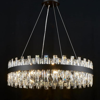 Modern Black Crystal Chandelier Lights, Round K9 Crystal Raindrop Chandelier, Pendant Ceiling Light for Dining Living Room Bedroom Entryway, Diameter 30 inches