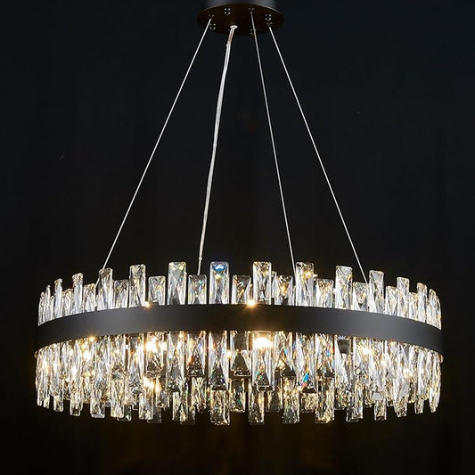 Modern Black Crystal Chandelier Lights, Round K9 Crystal Raindrop Chandelier, Pendant Ceiling Light for Dining Living Room Bedroom Entryway, Diameter 30 inches