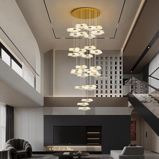 ziidoo High Ceiling Chandelier - 32-Light Dimmable Modern Gold Long Spiral Luxury Linear Lotus Leaf Led Lamp Hanging Pendant Lights for Foyer Enterway Staircase Villas