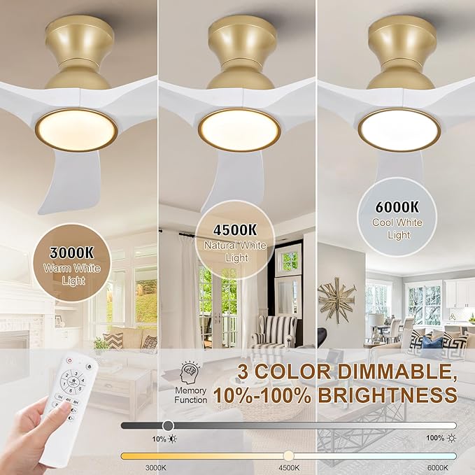 White Gold Ceiling Fans with Lights Flush Mount,36 inch Solid Wood,Remote Control,Wall Switch,Dimmable,Reversible,Power off Memory Modern Ceiling Fan for BedRoom Patio Indoor/Outdoor Use