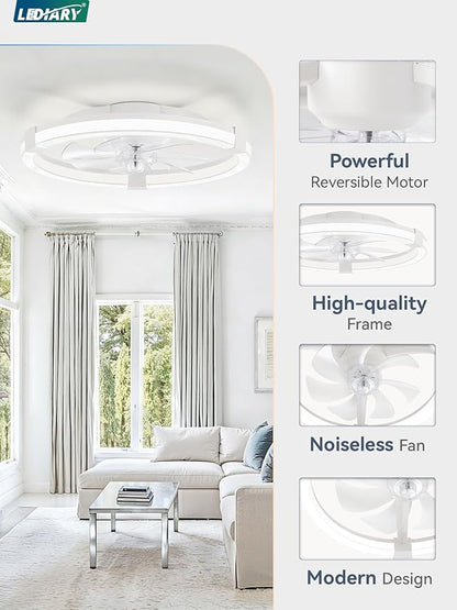 LEDIARY Ceiling Fans with Lights, 23 Inch Low Profile Ceiling Fan with Remote, 6 Speeds, Reversible, Dimmable Flush Mount Fan Light, Modern Fandelier Ceiling Fan with Lights for Bedroom, White