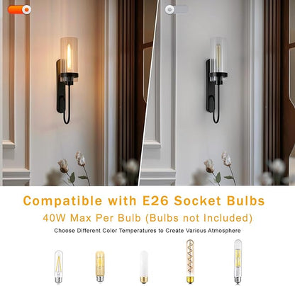 Bathroom Sconces Set of 2, Black Modern Vanity Lights with Clear Glass Shade, Indoor Farmhouse Wall Sconce for Living Room, Bedroom, Hallway, Stairwell and Kitchen