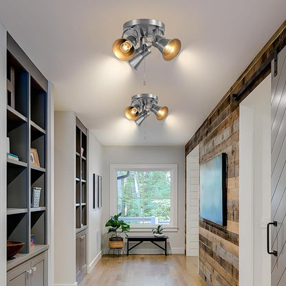 3-Light Ceiling Lights with Pull Chain, Adjustable Round Kitchen Ceiling Light, Morden Nickel Flush Mount Directional Track Light for Kitchen, Hallway, Dining Room, Bathroom, Coffee Bar