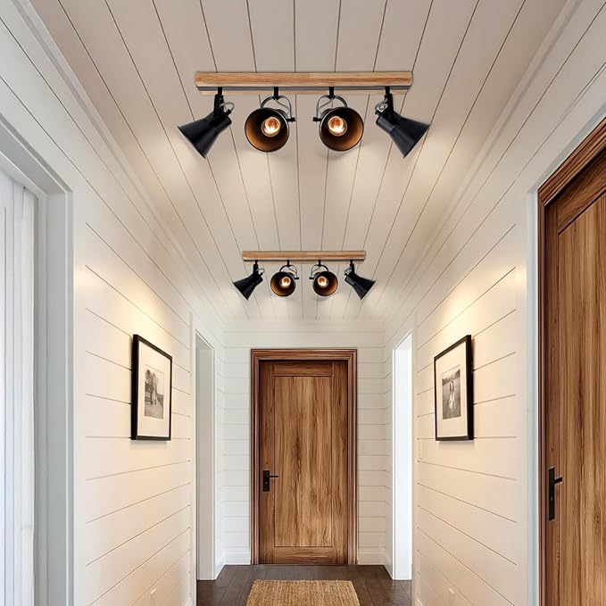 4-Lights Rustic Flush Mount Ceiling Light, Industrial Track Lighting Fixture, Rotatable Kitchen Track Lighting with Wood Base for Sink Dining Room, Living Room
