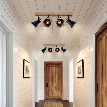 4-Lights Rustic Flush Mount Ceiling Light, Industrial Track Lighting Fixture, Rotatable Kitchen Track Lighting with Wood Base for Sink Dining Room, Living Room