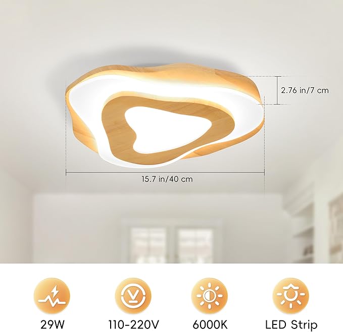 Littleglovo 15.7" Modern Flush Mount LED Chandelier for Dining Room, Natural Wood Petal Energy Chandeliers Ceiling Light for Entryway Bedroom Foyer Kitchen Living Room Bathroom