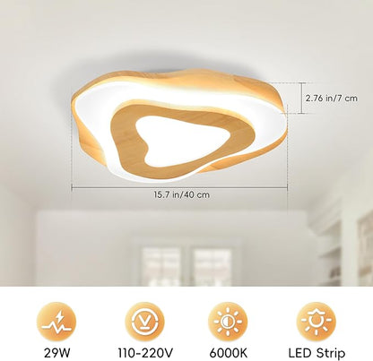 Littleglovo 15.7" Modern Flush Mount LED Chandelier for Dining Room, Natural Wood Petal Energy Chandeliers Ceiling Light for Entryway Bedroom Foyer Kitchen Living Room Bathroom