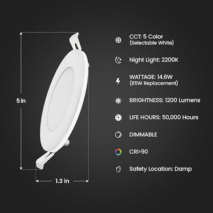 Feit Electric 6" LED Canless Recessed Downlight with Night Light Mode and Integrated J-Box, 85W EQ, Dimmable, 5CCT Selectable White, 1200 Lumens, 50,000-hour Lifetime, LEDR6XT/HO/NL5CCTCA4, 4 Pack