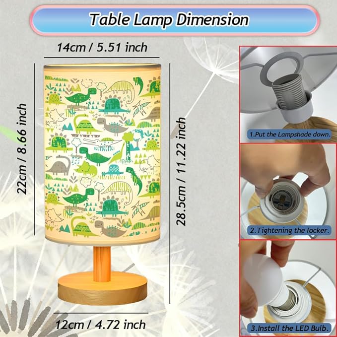 Dinosaur Kids Bedside Table Lamp for Bedroom, 3 Colors Nightstand Light Lamp with Wood Base Round Flaxen Fabric Shade Desk Reading Lamp for Girls Boys Room Decor, Dinosaur Nursery Stuff Boys Gifts