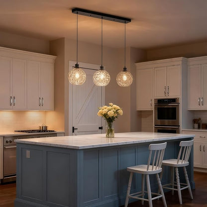 3 Light Pendant Lighting, Black Island Lights for Kitchen, 31.5" Globe Pendant Light with Clear Hammered Glass Shade, Adjustable Farmhouse Hanging Light Fixtures for Dining Room