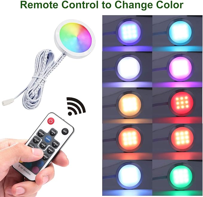 AIBOO RGB Color Changing LED Under Cabinet Lights Kit, Aluminum Slim Multi Color Puck Lights for Kitchen Counter Furniture Holiday Ambiance Christmas Decor Lighting (4 Lights)