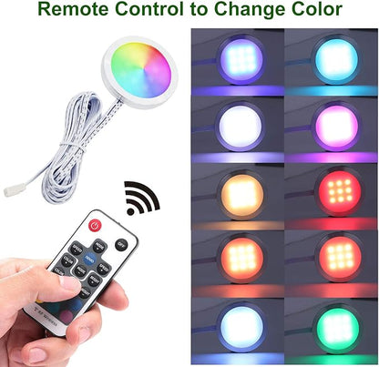 AIBOO RGB Color Changing LED Under Cabinet Lights Kit, Aluminum Slim Multi Color Puck Lights for Kitchen Counter Furniture Holiday Ambiance Christmas Decor Lighting (4 Lights)