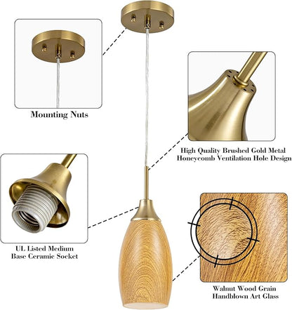 Viinew Mini Glass Pendant Light 4.72" Walnut Wood Grain Pendant Lights 3-Pack Handblown Art Oval Glass Hanging Pendant Light for Kitchen Island Dining Room Living Foyer Hallway Entry Brushed Gold