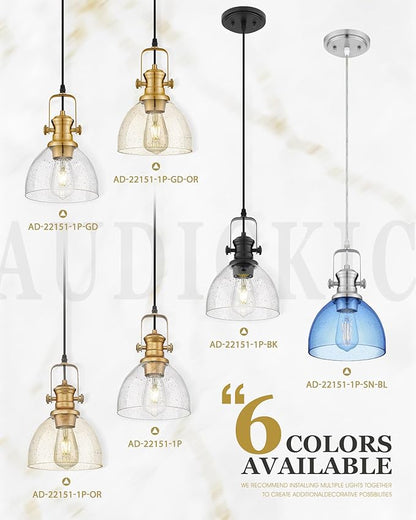 Pendant Lights Kitchen Island, 7.5" Farmhouse Pendant Lighting with Clear Seeded Glass Shade, Vintage Hanging Light Fixtures for Dining Room, Brushed Gold, AD-22151-1P-GD