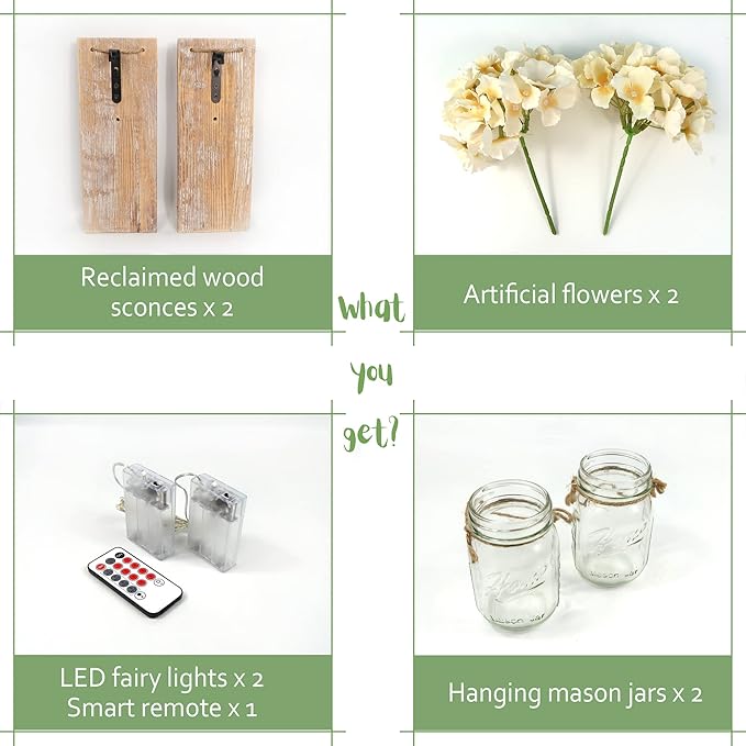 Mason Jar Wall Sconces Set of Two, Wall Deco Cute Wall Decor with LED Fairy Lights, Art for Living Room Modern Decorations, House Decor, Rustic Brown