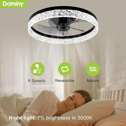 DAMINY 20inch White Ceiling Fans with Lights and Remote, 6CCT, Dimmable Smart Low Profile Ceiling Fan with Light, 6 Speeds Flush Mount Modern Bladeless Ceiling Fan for Bedroom