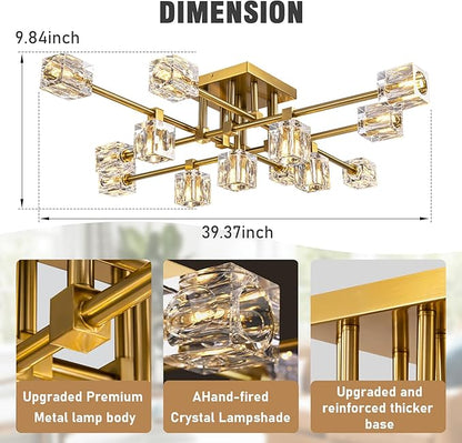 Modern Ceiling Light Fixture with 13-Lights,Gold Semi Flush Mount Ceiling Light,Crystal Sputnik Chandeleirs,Modern Ceiling Lights for Living Room,Dining Room,Kitchen Island,Bedroom