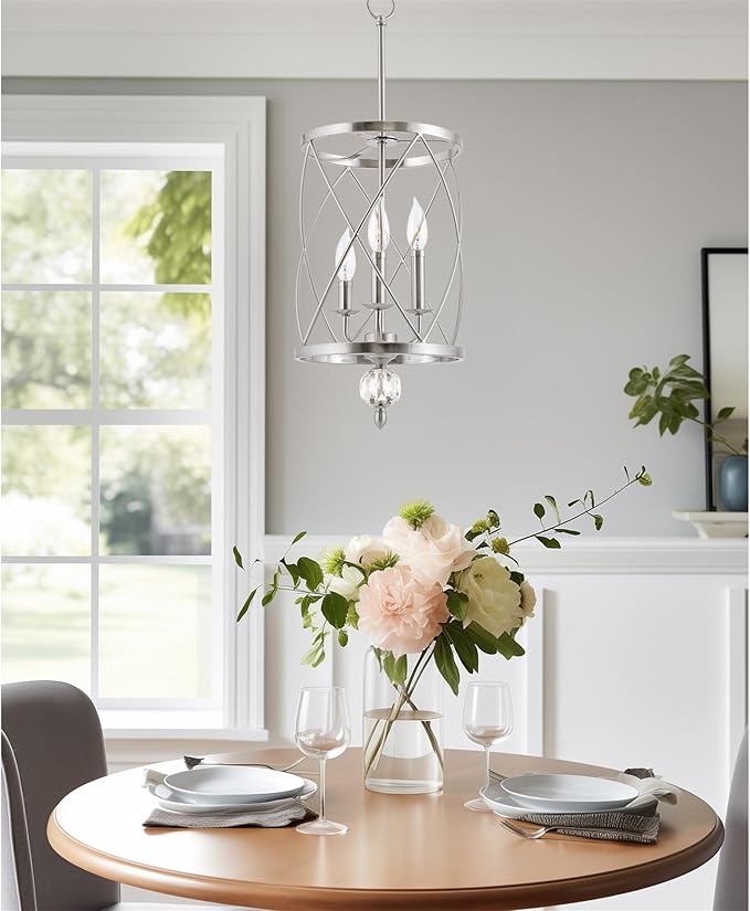 Kira Home Eleanor 27" Modern 3-Light Geometric Lantern Chandelier, Cylinder Trellis Cage Pendant Light with Crystal Finial, Brushed Nickel Finish