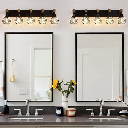 Farmhouse Vanity Light for Bathroom, 5-Light Wood Bathroom Vanity Light Fixtures Over Mirror, Rustic Sconces Wall Lighting with Metal Lampshade for Living Room, Bedroom, Hallway
