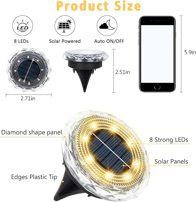 echosari 6 Pack Solar Ground Lights, Upgraded Solar Garden Lights Auto ON/Off Landscape Lighting Outdoor In-Ground Lights Waterproof Long Lasting for Pathway Walkway Patio (Warm White)