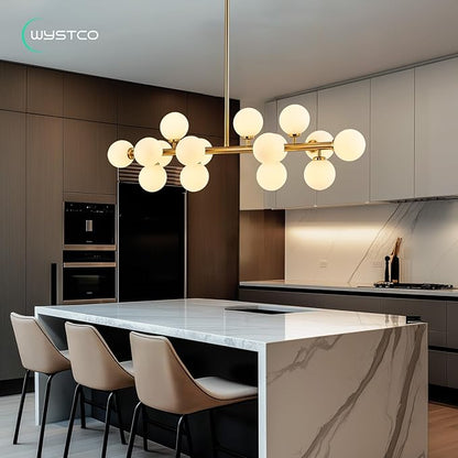 16-Light Globe Sputnik Chandelier, Mid Century Modern Dining Light Fixture Over Table, Brass Gold Linear Chandeliers for Dining Room, Kitchen Island, Living (Milk White Glass Bubble, 40 Inch)