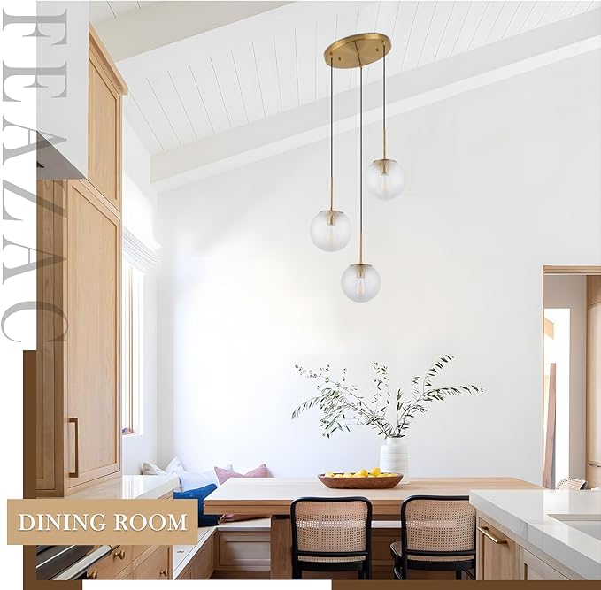 3-Light Glass Globe Pendant Light, Mid Century Modern Cluster Chandelier with Clear Glass, Vintage Gold Pendant Lighting for Kitchen Island, Staircase, Dining Room, Living Room
