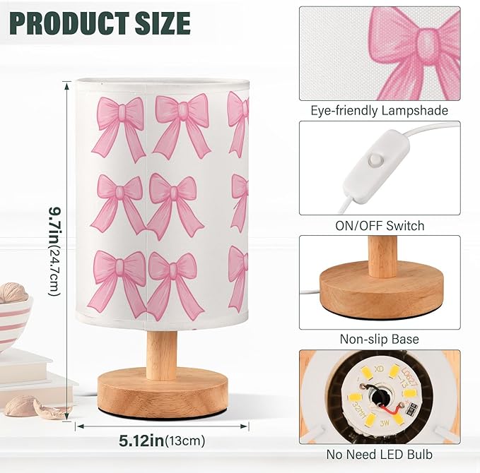 Bedside Table Lamp Cute Pink Bows Nightstand Lamp with Wood Desk Lamps for Bedroom Living Room Nursery Office Home Decor