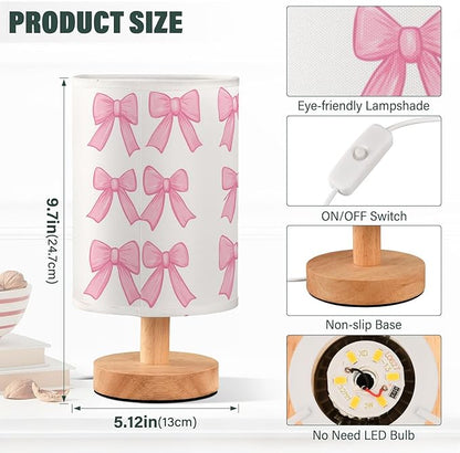 Bedside Table Lamp Cute Pink Bows Nightstand Lamp with Wood Desk Lamps for Bedroom Living Room Nursery Office Home Decor