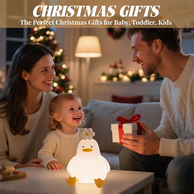 AVEKI Duck Night Light - Cute Duck Lamp Gifts for Baby and Kids - Rechargeable Nursery Night Lights with 3 Brightness Level, Touch Control, Soft Silicone Material, 30 Minutes Timer