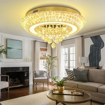 Modern Crystal Chandelier for Living Room, Modern Led Dimmable Gold Ceiling Light with Remote Control, 24in Flush Mount Crystal Chandeliers for Dining Room