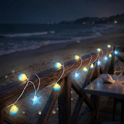 8.5Ft Beach Themed Seashell String Lights, 10L LED Ocean Starfish Seashell Lights Plug in for Boho Coastal Bedroom Seashell Party Nautical Party Holiday Decor, Indoor Outdoor