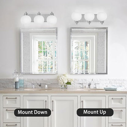 Tuscarora Bathroom Light Fixtures, Brushed Nickel Vanity Light 3 Light with Milk Glass Shade, Over Mirror Lighting for Bathroom