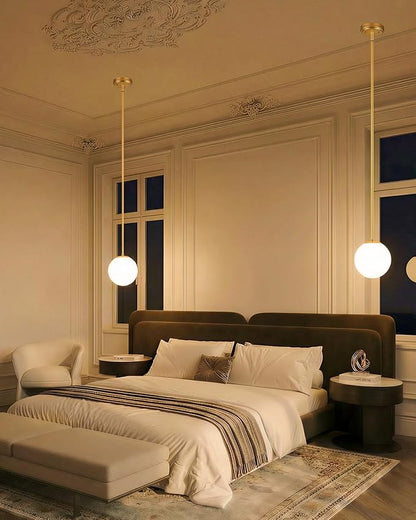 Majade 7.4" Globe Pendant Light Gold Mid Century Modern Pendant Lights Fixture Kitchen Island Lighting with Milk Glass Shade Brushed Brass Finished Adjustable Hanging Light for Dining Room