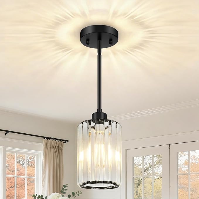 MQMQA 1 Pack Black Pendant Lights Kitchen Island, Modern Crystal Chandelier Kitchen Pendant Lighting Over Island, Adjustable Hanging Mini Light Fixtures for Dining Room Hallway Corridor Bedroom