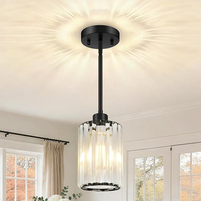 MQMQA 1 Pack Black Pendant Lights Kitchen Island, Modern Crystal Chandelier Kitchen Pendant Lighting Over Island, Adjustable Hanging Mini Light Fixtures for Dining Room Hallway Corridor Bedroom