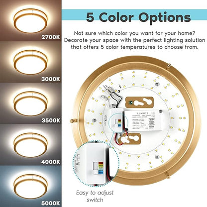LUXRITE 10 Inch LED Flush Mount Ceiling Light, 5 Color Selectable 2700K | 3000K | 3500K | 4000K | 5000K, Dimmable Ceiling Light Fixture, 14W, 1050 Lumens, Energy Star, ETL Listed, Brushed Brass