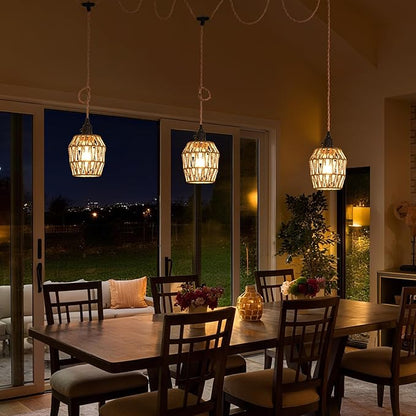 3 Light Plug in Pendant Light Rattan Hanging Lights with Switch 22FT Industrial Ceiling Light,Plug in Cord with Woven Hemp Rope Lamp Shade, Hanging Lamp Cord Farmhouse Cable DIY