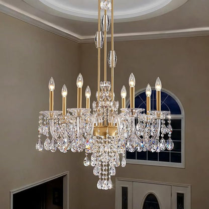 8-Light Crystal Candle Chandelier, Brass Gold Chandelier for Dining Room, Entryway & Living Room, Adjustable Height, E12 Base
