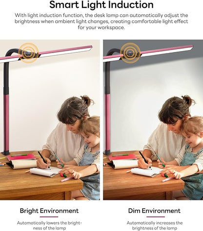 LED Desk Lamp for Home Office, Eye-Caring Desk Light with Clamp, Stepless Dimming 24W Double Head Architect Task Lamp with Remote Control, Flexible Arm for Working Studying Reading Drafting（RED)