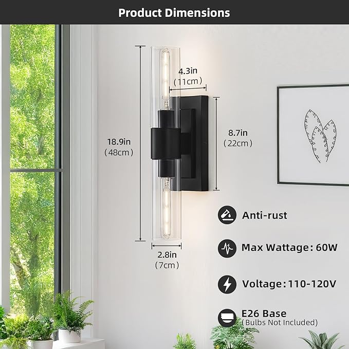 Black Wall Sconces Set of Two,Modern Bathroom Light Fixtures,2-Light Sconces Wall Lighting with Thickened Tempered Clear Glass,19 in Indoor Hardwired Wall Lights for Bedroom,Mirror, E26 Base