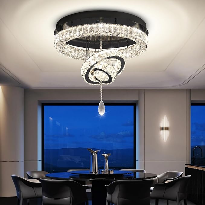 Flashing God Dia 20" Modern Crystal Chandelier for Dining Room Black Ceiling Chandelier Flush Mount Ceiling Light for Living Room Bedroom Hallway
