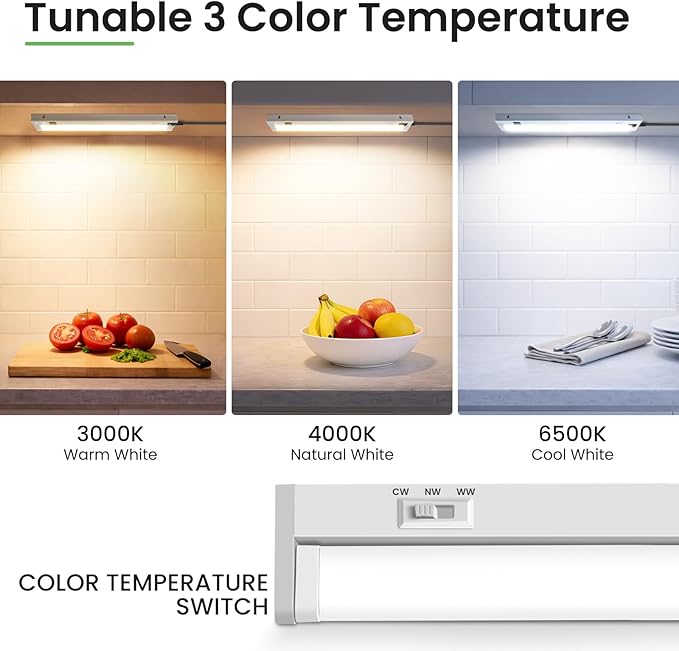 ALUSSO Under Cabinet Lighting, 12 Inch Linkable LED Under Cabinet Lights with Plug, 150° Swivel Light Bar, 3 Color Temperatures (3000K/4000K/6500K), 8 W 640 Lumen, for Kitchen Counter, Closet - 2 Pack